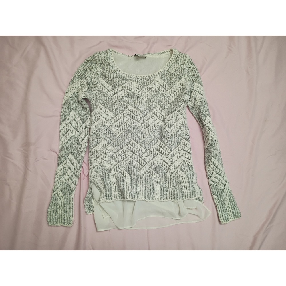 Lucky Brand Womens XS Silver Metallic Knit Layered Chiffon Hem Sweater 7W51975